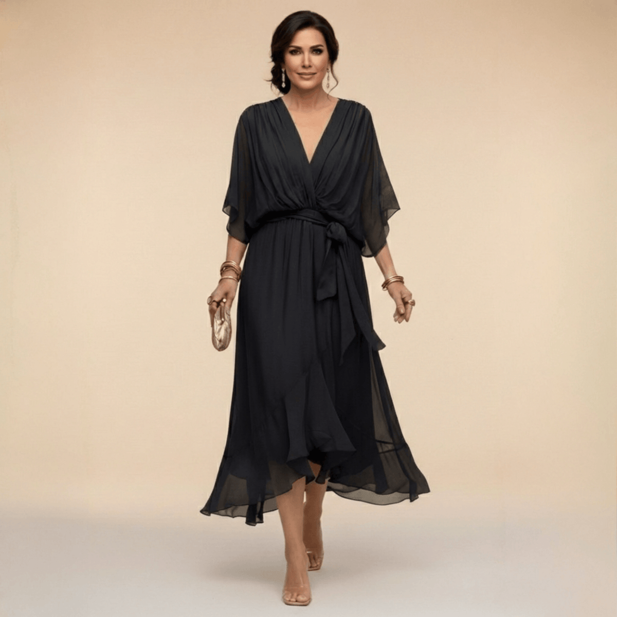 Veda Draped Tie-Waist Midi Dress