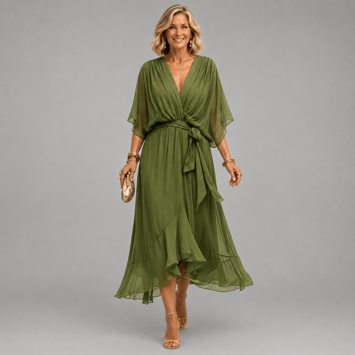 Veda Draped Tie-Waist Midi Dress