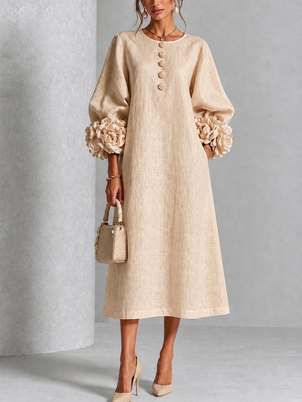 Wren Floral-Cuff Midi Dress